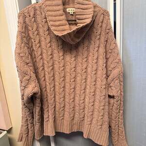 POL Clothing Cowl Neck Cable Knit Chenille Sweater in Salmon